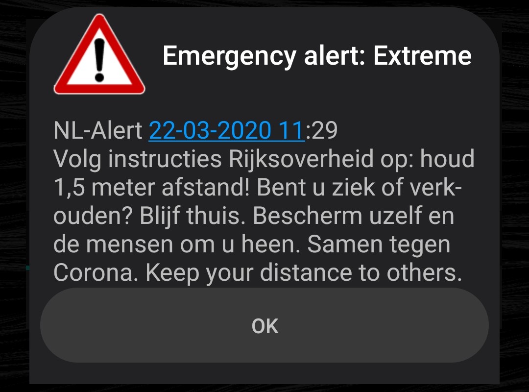 Het NL-Alert van 22 maart 2020 op een telefoon